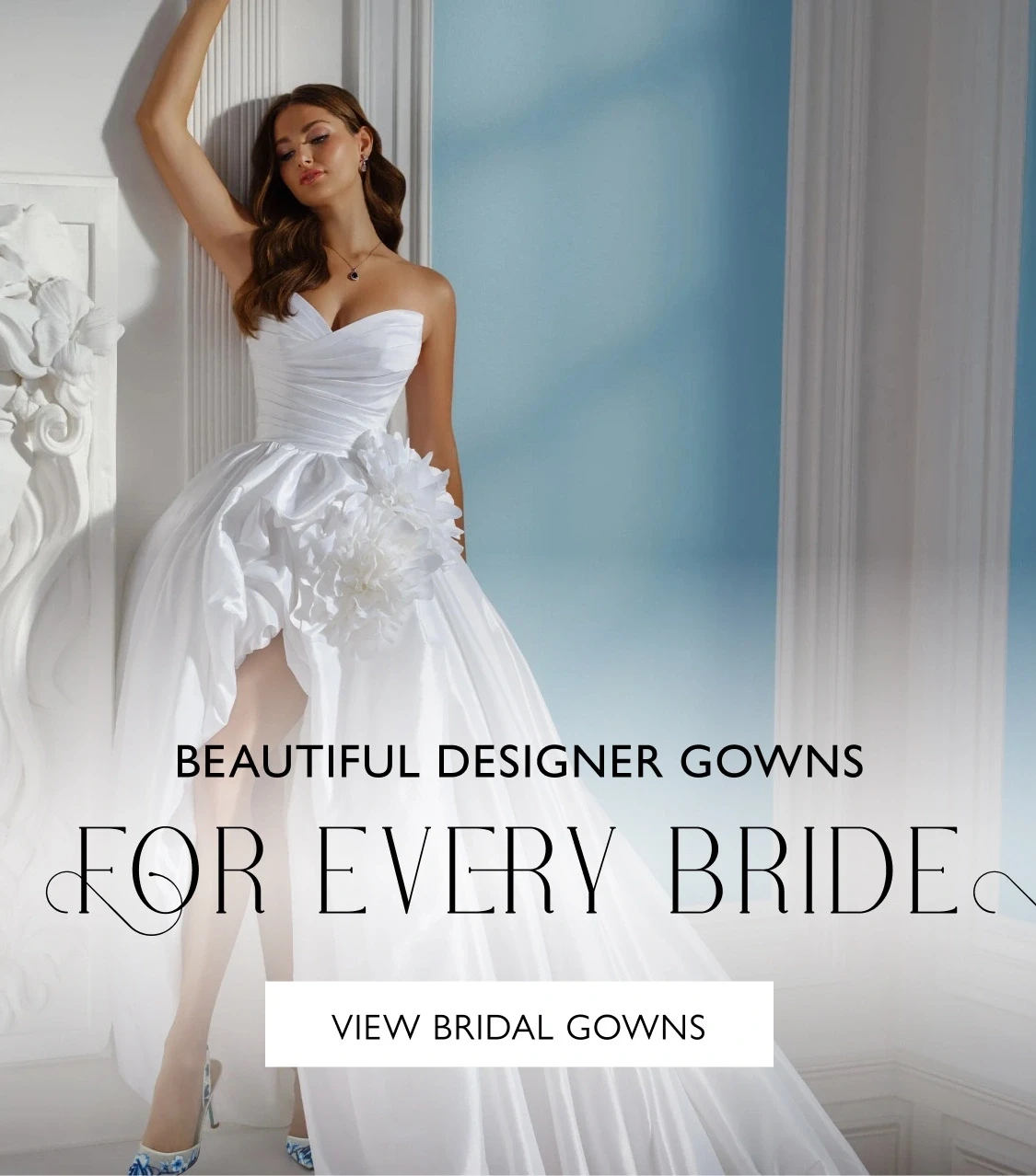 Model wearing Martin Thornburg Farren bridal gown, mobile banner