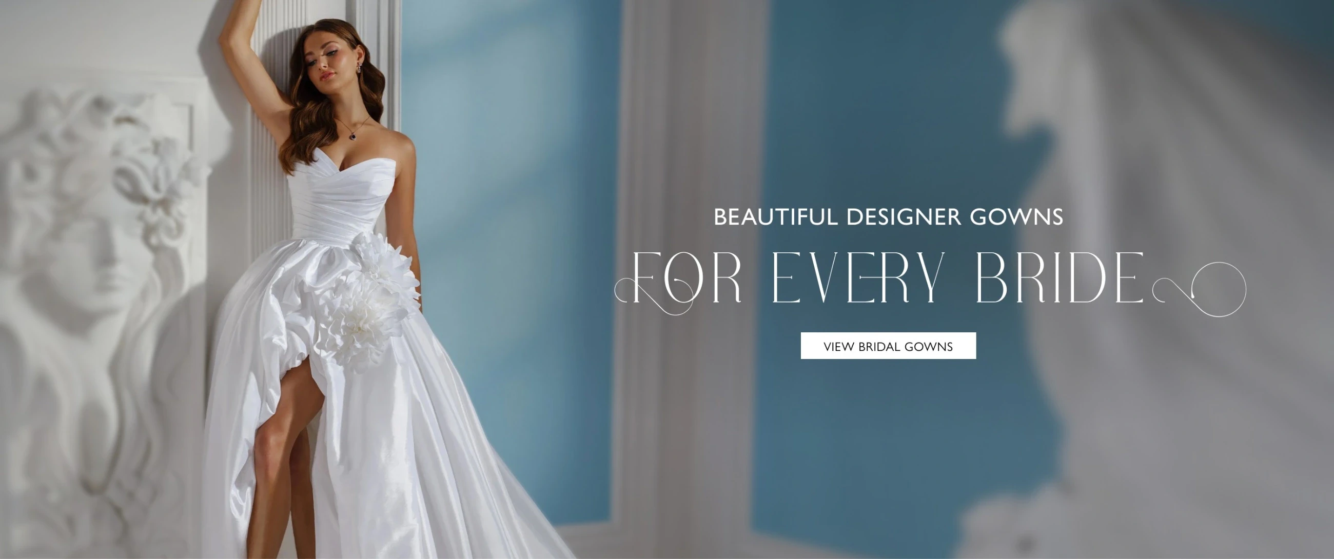 Model wearing Martin Thornburg Farren bridal gown, desktop banner