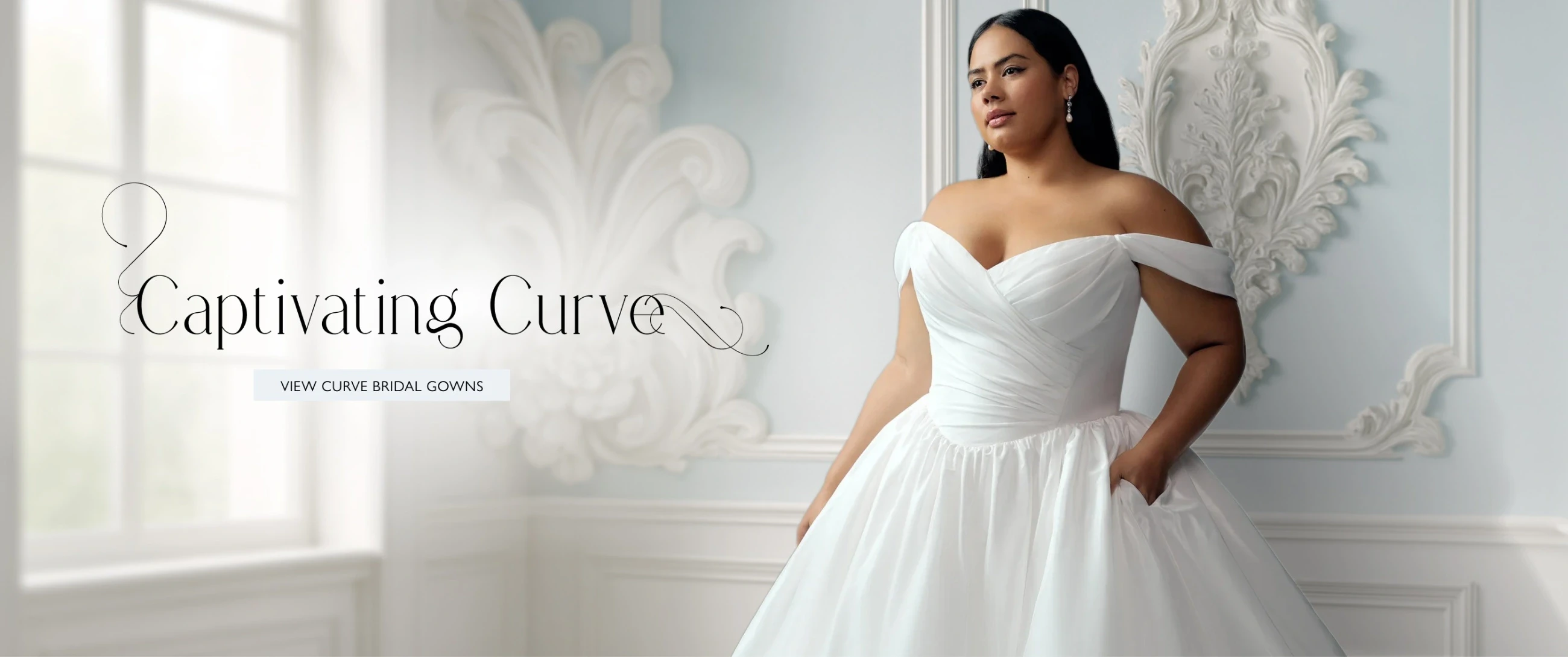 Model wearing Sophia Tolli Kirby, bridal gown, desktop banner