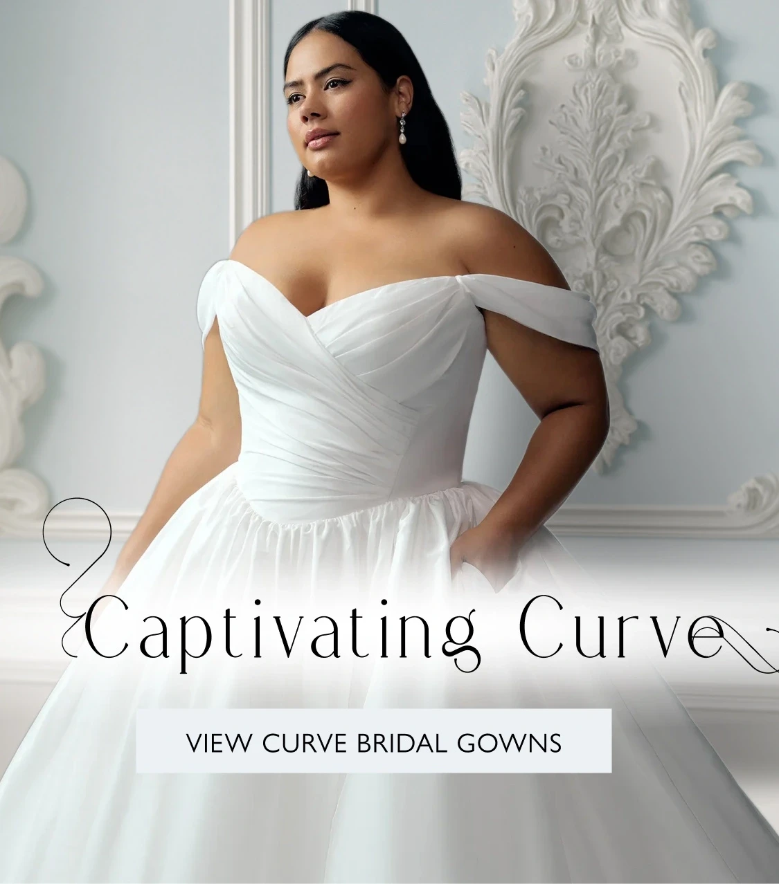 Model wearing Sophia Tolli Kirby, bridal gown, mobile banner