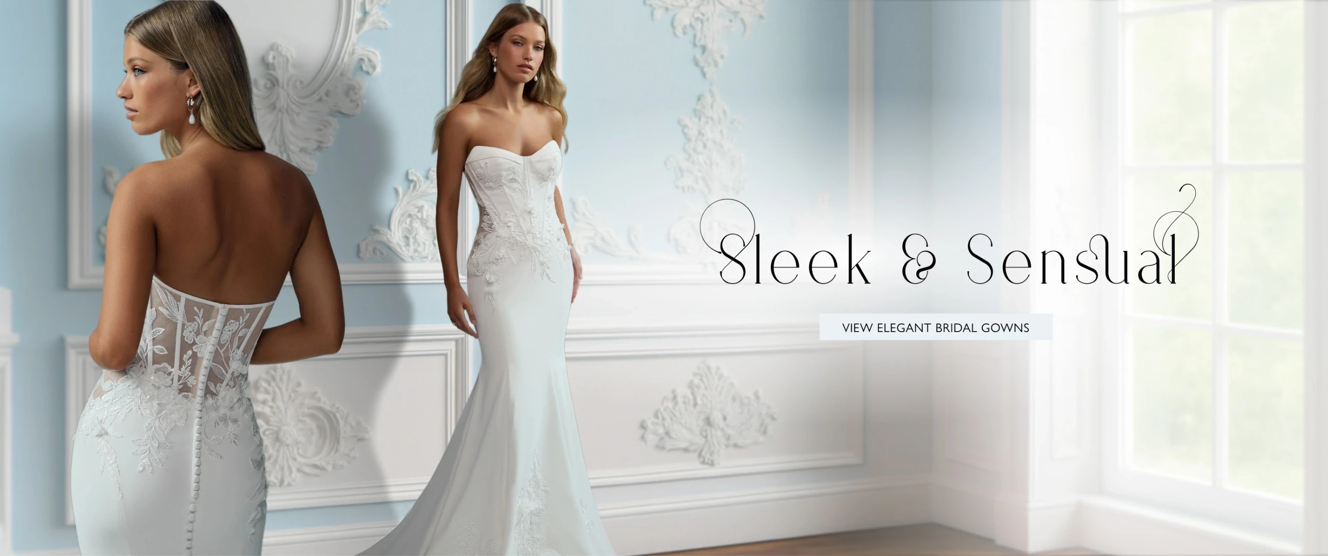 Model wearing Sophia Tolli Roxy bridal gown, desktop banner