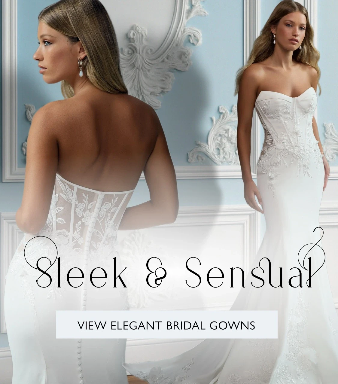 Model wearing Sophia Tolli Roxy bridal gown, mobile banner