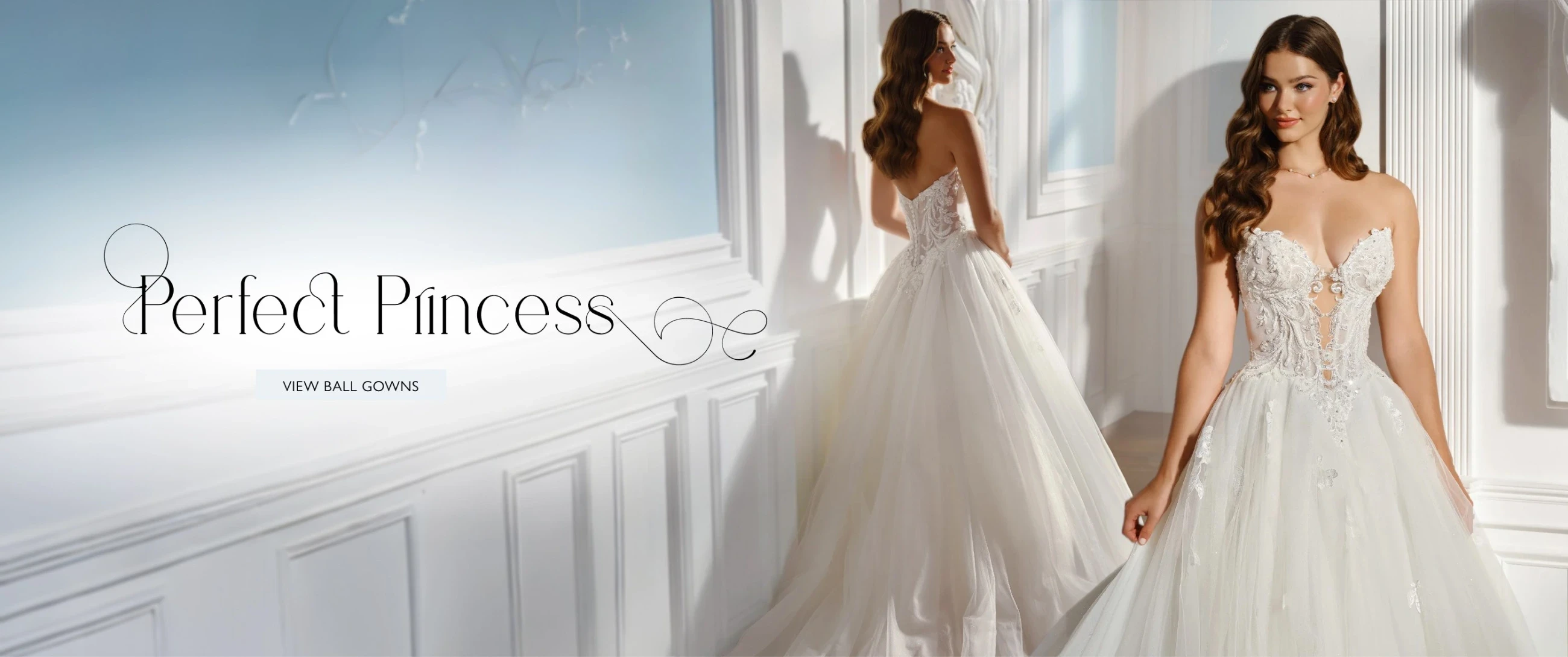 Model wearing Martin Thornburg Ridley bridal gown, desktop banner