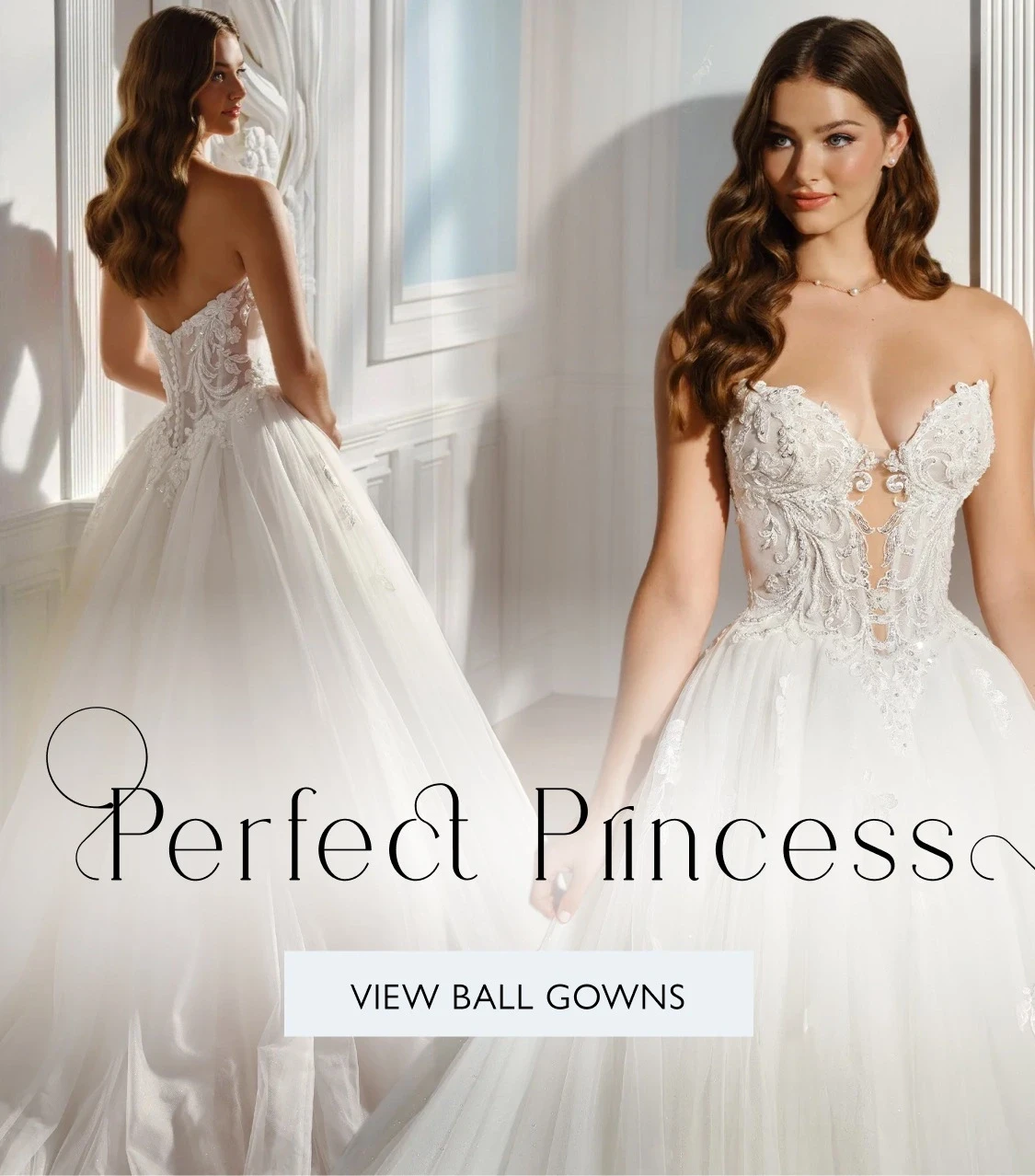 Model wearing Martin Thornburg Ridley bridal gown, mobile banner