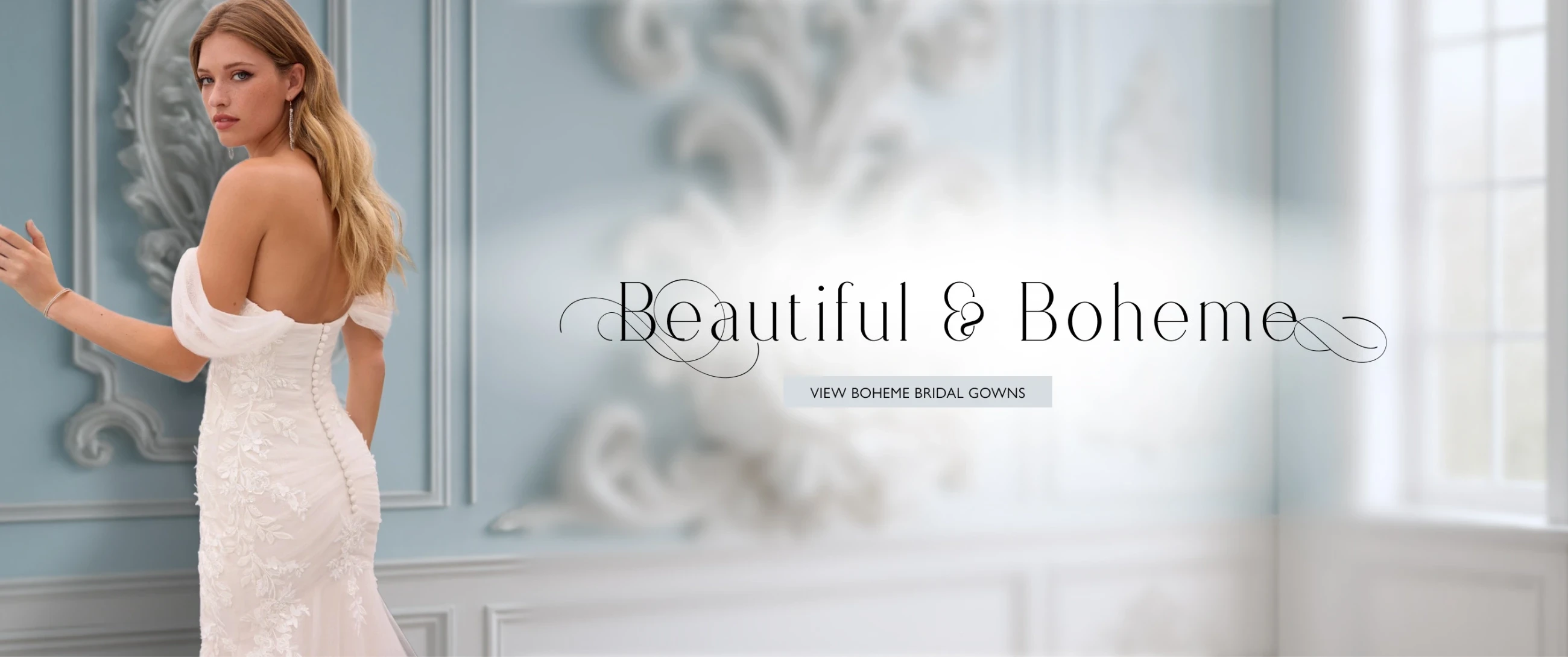 Model wearing Sophia Tolli Ruth bridal gown, desktop banner
