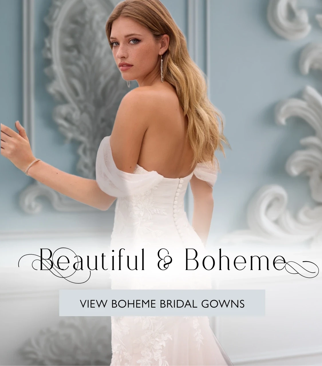 Model wearing Sophia Tolli Ruth bridal gown, mobile banner