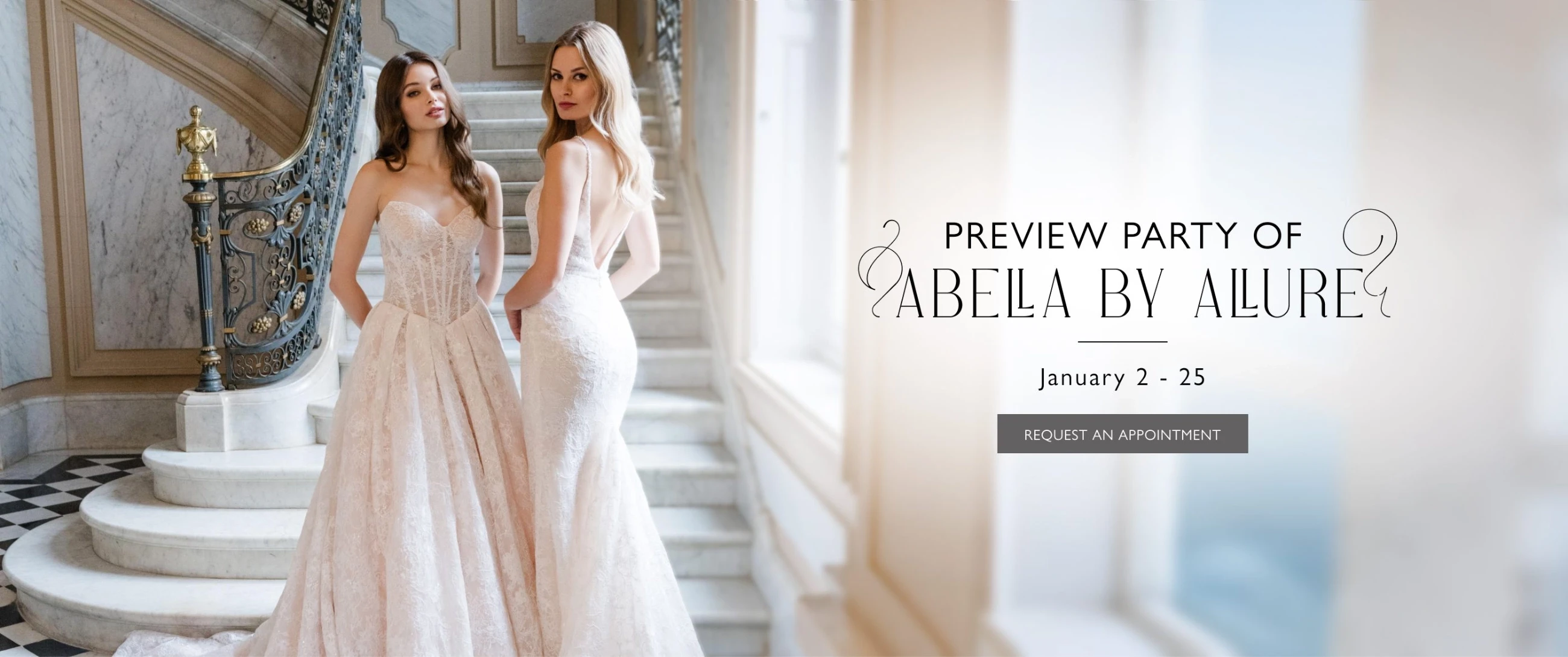 Models wearing Abella by Allure bridal gowns, preview party desktop banner