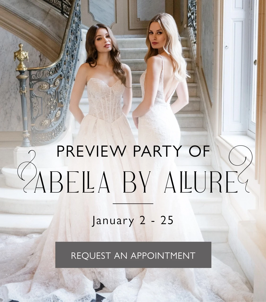 Models wearing Abella by Allure bridal gowns, preview party mobile banner